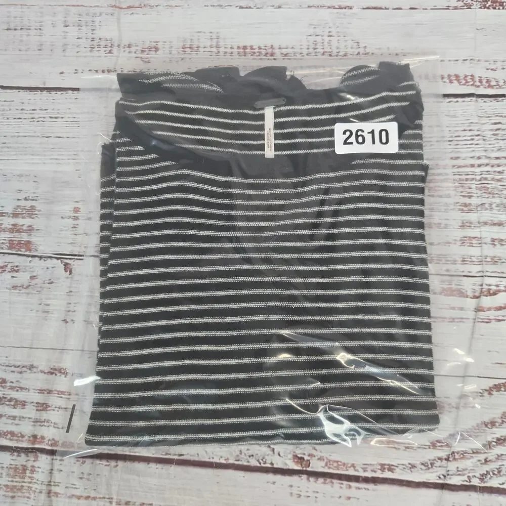 Free People Love Me Do Black Stripe Top XS Linen Crochet Lace Trim Relaxed Boho